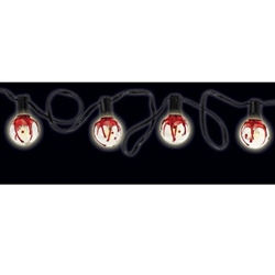 The Bloody Globe String Lights feature ten glass globes decorated with fake blood strung on an eleven foot UL rated electric cord. Use indoors or outdoors. Can combine up to nine strands. Add some gore to your Halloween lighting decor!