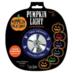 This handy little light turns on and off with the press of the plastic lens. Colors change from orange, red, purple, blue, and green. Requires three AAA Batteries (not included). Great for lighting up jack-o-lanterns and other decor items. One per package