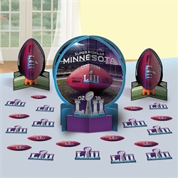 The Super Bowl 52 Table Decorating Kit contains 1 large centerpiece- 12 1/2 inches, 2 small centerpieces- 7 inches, and 20 pieces of confetti- 2 inches. Made of cardstock. Easily assembled.
