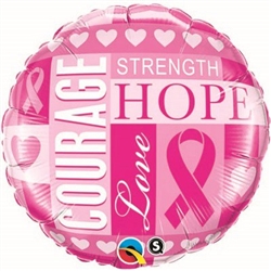 Our Breast Cancer Inspirations Balloon is a mixture of light and dark pinks, displaying inspirational sayings of courage, strength, hope, and love. This 18 inch round foil balloon comes 1 per package, and you will need to inflate for use.