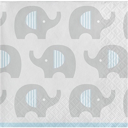 The Little Peanut Blue Beverage Napkins feature an all-over design of adorable little elephants. They will protect your tables or serve up appetizers at your baby shower. These 2-ply paper napkins feature a grey, blue, and white color scheme. 16 per pkg.