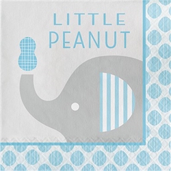 The Little Peanut Blue Luncheon Napkins will help keep your guests clean at the baby shower. These 2-ply paper napkins feature an adorable little elephant printed against a background of grey, blue, and white. Sixteen napkins per package.