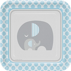 The Little Peanut Blue Dinner Plates will serve your baby shower guests in style. Featuring two adorable elephants and a color scheme of blue, grey, and white these 9-inch square plates are made of coated paper. Eight plates per package.