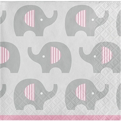 The Little Peanut Pink Beverage Napkins are perfect to slide under beverages, or serve finger food to your baby shower guests. Printed in a grey, pink, and white color scheme the 2-play paper napkins feature an all-over print of elephants. 16 per package.