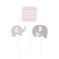 Little Peanut Pink Centerpiece Sticks will help create the perfect DIY centerpieces for a girl themed baby shower.  Sticks feature printed card stock designs with grey, pink, and white elephants and a Little Peanut sign.  Pkg of 3, varying lengths.