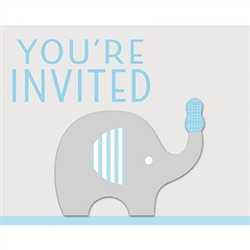 The Little Peanut Blue Invitations will announce the baby shower for the new little boy. Printed in a blue, grey and white color scheme each invitation features an elephant balancing a blue peanut on her trunk. Eight invitations and envelopes per pkg.