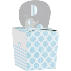 The Little Peanut Blue Favor Boxes are perfectly sized to fill with candy for your baby shower guests. Measuring 2 inches square, each box is printed in a blue, grey and white color scheme and adorned with a cutout of an adult and baby elephant.