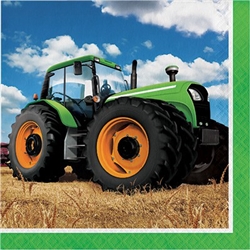 The Tractor Time Luncheon Napkins will help keep the messiest little farmers clean. These 2-ply paper napkins feature a big green tractor standing in a freshly harvested field against a backrop of blue sky. Sixteen napkins per package.