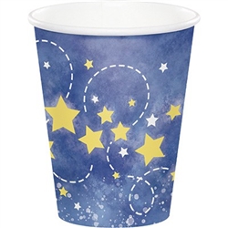 To the Moon and Back Hot/Cold Cups will serve refreshing beverages to your baby shower guests. A yellow moon, stars and rocket ship are printed against a dark blue background. Each cup holds 9 ounces of hot or cold liquid. Eight cups per package.