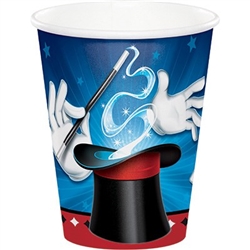 The Magic Party Hot/Cold Cups feature colorful images of a magician's hat, wand, gloves, and playing cards. The paper cups hold up to 9 ounces of a hot or cold beverage. Perfect for a magic theme party! Each package contains eight cups.