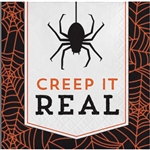 The Halloween Humor Creepy Beverage Napkins are fun little napkins featuring the phrase Creep It Real along with a spider and web printed in an orange and black color scheme. 16 2-ply paper napkins per package. Measures 5 inches square.