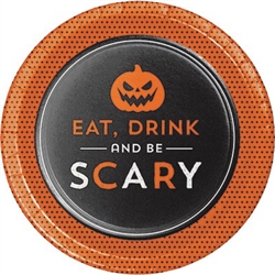 The Halloween Humor Scary Dessert Plates feature a jack-o-lantern and the phrase Eat, Drink and be Scary. Perfectly sized for desserts and appetizers. these black and orange 7-inch printed paper plates come 8 per package.