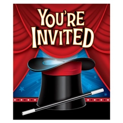 The Magic Party Invitations will inform your guests where the magic is going to happen! Invitations feature an printed image of a magician's hat  and wand, and list designated areas for the details of your event. Package of 8 includes envelopes.