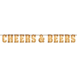 The Cheers & Beers Banner features card stock letters printed in a wood grain look. The letters come pre-strung on a piece of jute twine. Just remove from packaging and hang! Measures 6 inches tall and 6.6 feet long.