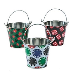 The Casino Pails - Assorted are made of metal with an attached handle. Measure 3 inches tall and 3 1/4 inches across the top. Sold in assorted designs- suits, chips, and dice. Specific designs cannot be requested. Contains one per package.