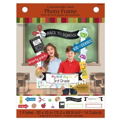 This huge 30 inch by 35 inch customizable photo frame announces My First Day Of, which you can customize to state the grade. 14 scholastic icons and phrases are printed on card stock, and can be attached to the photo frame as you choose.