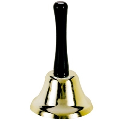 Ring in the holidays with the Santa Hand Bell. Sturdy gold tone bell with a black plastic handle produces a loud ring when gently shaken. Perfect for Christmas, New Year's, sporting events, and anytime you want attention. One per package. 5.25 inches tall