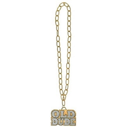 Wear this Old Dude Necklace with pride. The large gold plastic chain measures 36 inches and is topped off with a large medallion with the words OLD DUDE engraved into the plastic. Perfect for costumes and gag gifts.