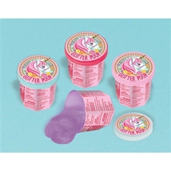 Unicorns are magical and so is their poop! These little plastic containers of Magical Unicorn Glitter Poop is perfect for any unicorn theme party.  Each sealed plastic jar contains .7 ounces of either pink, blue, or purple glittered slime-like goo.