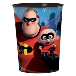 The Incredibles Favor Cup is made of plastic and measures 4 1/2 inches tall. It can hold up to 16 ounces. Contains one (1) per package. Due to hygiene-related concerns, this item is not eligible for return.