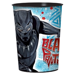 16 ounce food safe BPA free black plastic cups feature the movie character T'Challa and the name Black Panther in a wraparound print. Perfectly sized for snacks, party favors, or beverages, they make a great memento to send home with guests.