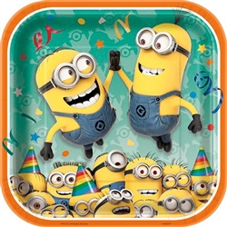 Colorful square coated paper plates that are printed with Despicable Me minions giving a high five and others dressed up to celebrate a party! Each package contains eight 9 inch square plates.