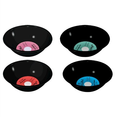 Rock N Roll Snack Bowl is a black plastic snack bowl designed to look like a vinyl record. Center of the bowl is printed in assorted colors to replicate the center label of a record. One bowl per package.