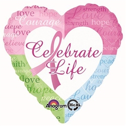 The Celebrate Life Balloon is a pastel colored heart shaped foil balloon with the phrase Celebrate Life printed in the center. The iconic pink ribbon, along with strength, courage, and hope demonstrate your support of this worldwide cause. One per package