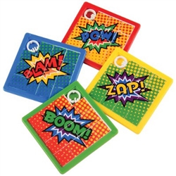 Superhero Slide Puzzles will entertain and delight guests of all ages. These classic little slide puzzles feature different words like Pow! Zap! Boom! Bam! Simply slide the squares around to mix, then try to match the squares back together.  8 per pkg.
