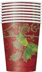 These Elegant Holiday Cups are the perfect addition to your holiday table. Featuring an elegant multi-hued red background, green holly leaves, and gold accents, these cups are perfect for hot or cold drinks.