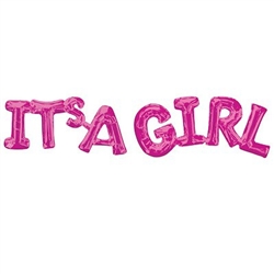 The It's a Girl phrase balloon is a bright pink foil 2-piece letter shaped balloon announcing "It's a Girl". Perfect for gender reveal or birth announcements! Great photo prop! One balloon spells It's A and the other balloon spells Girl. Fill with air.