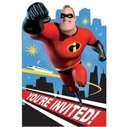 The Incredibles Invitations are printed with Mr Incredible as he gets ready to shoot into action. Each package includes postcard invitations, envelopes, seals, and save the date stickers. Contains eight (8) per package.