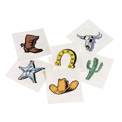 The Western Cowboy Tattoos are temporary, colorful tattoos that can be enjoyed by guests young and old. Each pkg includes 144 assorted tattoos in designs including cowboy boot or hat, sheriff badge, cactus, horseshoe and longhorn skull. 1.5 inch square.