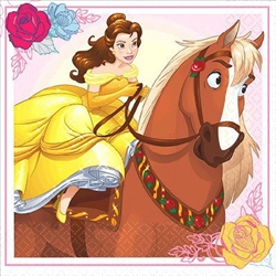 The Beauty and the Beast Beverage Napkins feature an image of Belle and her horse Philippe. These 2-ply paper napkins are perfectly portioned for drinks and finger foods. Each package contains sixteen of these 5 inch square folded napkins.