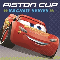 The Cars 3 Beverage Napkins have a blue background printed with the Lightning McQueen red car! They read "Piston Cup Racing Series" across the top and measure 5 inches square when folded. 16 printed paper napkins per package.
