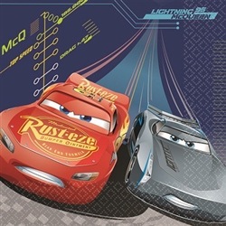 The Cars 3 Luncheon Napkins feature a full color image of Lightning McQueen and another racer zooming across the 2-ply paper napkin. Each package contains sixteen 6-1/2 inch square napkins. Matching accessories available.