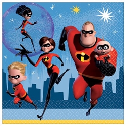The Incredibles Luncheon Napkins are made of 2-ply paper and measure 6 1/2 inches by 6 1/2 inches. They're printed with the crime fighting family the city skyline behind them. Contains 16 napkins per package.
