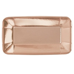 The Rose Gold Appetizer Plates Rectangle are made of coated paper and measure 9 inches by 5 inches. They have a shiny metallic finish. Contains eight per package. *Do not microwave