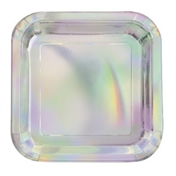 The Iridescent Square Luncheon Plates are made of scalloped paper with a foil cover. They display a beautiful array of colors and will make your tableware shine! Measures 8 3/4 inches and contains eight (8) plates per package. Do not microwave.