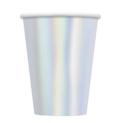 The Iridescent Cups 12oz are made of foil coated scalloped paper. They measure 4 1/2 inches tall and can hold up to 12 ounces of any hot or cold beverage. Contains eight (8) cups per package. Do not microwave.