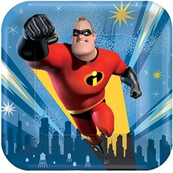 The Incredibles Dessert Plates 7" are made of scalloped paper and measure 7 inches. They are printed with Mr. Incredible. Contains eight (8) plates per package.
