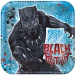 The Marvel Black Panther Plates 7" are made of scalloped paper and measure 7 inches. They're bright blue with a bold Black Panther displayed. They measure 7 inches. Contains 8 plates per package.