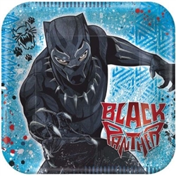 The Marvel Black Panther Plates 7" are made of scalloped paper and measure 7 inches. They're bright blue with a bold Black Panther displayed. They measure 7 inches. Contains 8 plates per package.