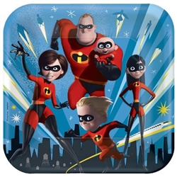 The Incredibles Luncheon Plates 9" are made of scalloped paper and measure 9 inches. They're printed with the crime fighting family with a city skyline in the background. Each package contains eight (8) plates per package.