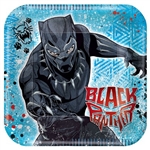 These 9-inch square printed luncheon plates feature the Black Panther character T'Challa and the Black Panther name set against a blue background. Eight plates per package. Made of coated paper. Coordinating items available.