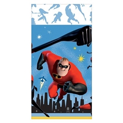 The Incredibles Table Cover is made of plastic and measures 54 inches by 96 inches. It's printed with the superhero family in their ready to attack pose. Contains one per package.