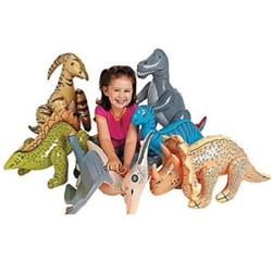 The Jumbo Inflatable Dinosaurs are made of vinyl and when inflated, measure between 27 and 30 inches. Includes assorted dinosaurs. Contains 6 per package. Do not over inflate. No returns. Recommended for ages 3 and up.