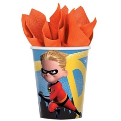 The Incredibles Hot/Cold Cups 9oz are made of sturdy paper and measure 3 3/4 inches tall. They can hold up to 9 ounces of either hot or cold beverages. They're printed with Dash and has DASH in bright yellow lettering. Contains eight (8) per package.