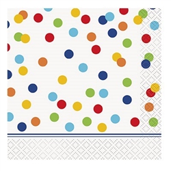 The Rainbow Polka Dot Bday Beverage Napkins feature a white 2-Ply napkin printed with a multi-colored polka dot design. Sixteen (16) paper beverage napkins per package. Folded size measures 5 inches square.