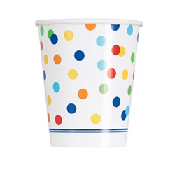 The Rainbow Polka Dot Cups are a colorful way to serve up your favorite beverage. Each 9 ounce paper cup features a white background with an all over design of multi-color polka dots. 8 cups per package.
